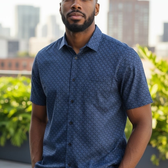 Perry Ellis Men’s 2XLT Stretch Blue Patterned Short Sleeve Button Up Shirt - Picture 1 of 15